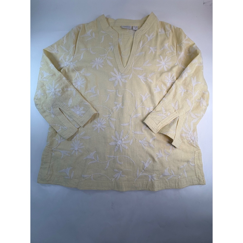 Tweeds Woman Yellow Linen Blend Floral Embroidered Tunic Top 2X V-Neck 3/4 Slv
